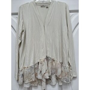 LOGO‎ by Lori Goldstein Size S Cream Cardigan Hi Lo Ruffle Trim Hook Closure